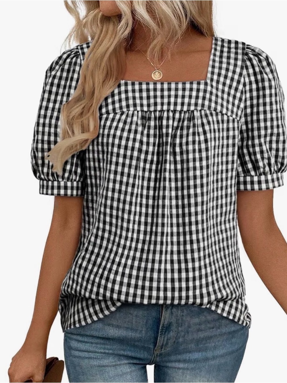 Black Gingham Square-Neck Puff Sleeve Blouse - Classic Women’s Top